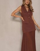 rosa Compleu Maro din Viscoză Fustă cu Croi Cloș și Vestă Decorată cu Nasturi Felilya