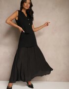 rosa Compleu Negru din Viscoză Fustă cu croială evazată și Vestă ornată cu nasturi Felilya