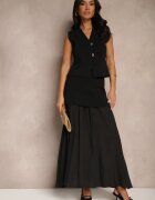 rosa Compleu Negru din Viscoză Fustă cu croială evazată și Vestă ornată cu nasturi Felilya