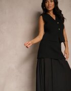 rosa Compleu Negru din Viscoză Fustă cu croială evazată și Vestă ornată cu nasturi Felilya