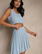 rosa Fustă Albastru deschis din Vâscoză High Waist Decorată cu Pliuri Galonissa