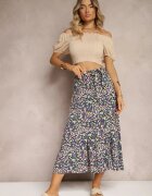 rosa Fustă Bleumarin-Galbenă din Viscoză Cloș Cu nasturi Cu centură din material Oheva