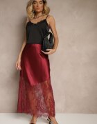 rosa Fustă De Cocktail Bordo din Satin cu Dantelă Avelori