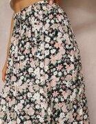 rosa Fustă din Bumbac Negru și Roz Maxi cu Șnur și Imprimeu Floral Yibji