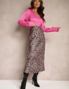 rosa Fustă Fucsia-Negru High Waist cu Imprimeu Animal și Elastic în Talie Dimella