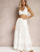 rosa Fustă Maxi Albă cu Elastic în Talie și Inserții din Dantelă Brayle