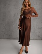 rosa Fustă Midi Satin Cloș Maro cu elastic în talie și fermoar Leose