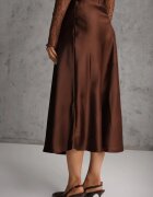 rosa Fustă Midi Satin Cloș Maro cu elastic în talie și fermoar Leose