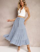 rosa Fustă Vâscoză Albastră High Waist cu croi cloș cu șnur și elastic în talie Leceviana