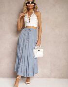 rosa Fustă Vâscoză Albastră High Waist cu croi cloș cu șnur și elastic în talie Leceviana