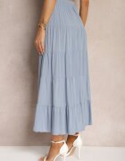 rosa Fustă Vâscoză Albastră High Waist cu croi cloș cu șnur și elastic în talie Leceviana