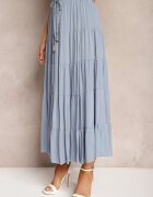 rosa Fustă Vâscoză Albastră High Waist cu croi cloș cu șnur și elastic în talie Leceviana