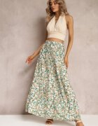 rosa Fustă Verde din Bumbac Maxi cu șnur și imprimeu floral Yibji