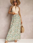 rosa Fustă Verde din Bumbac Maxi cu șnur și imprimeu floral Yibji