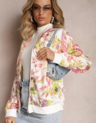 rosa Geacă Bomber Albă cu Imprimeu Floral cu Borduri Elastice Lirissa