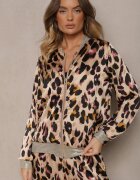 rosa Geacă Roz-Bej Imprimată leopard Tip bomber Ornată cu manșete elastice Rinnovaria