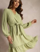 rosa Mini Rochie Verde Cloș cu Cordon din material din Plumeti Digia
