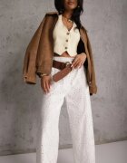 rosa Pantaloni ajurați albi Wide Leg din bumbac în stil rustic cu broderie Elladith