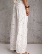 rosa Pantaloni ajurați albi Wide Leg din bumbac în stil rustic cu broderie Elladith