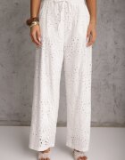 rosa Pantaloni ajurați albi Wide Leg din bumbac în stil rustic cu broderie Elladith
