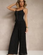 rosa Pantaloni Ajurați Negri din Bumbac High Waist cu Croială Largă Evinassa