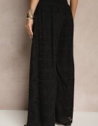 rosa Pantaloni Ajurați Negri din Bumbac High Waist cu Croială Largă Evinassa