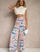 rosa Pantaloni Albastru-Roz din Vâscoză cu Picioare Lărgi cu Imprimeu Abstract Averora