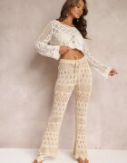 rosa Pantaloni bej ajurați flare cu șnur și elastic în talie Alinata