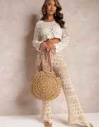 rosa Pantaloni bej ajurați flare cu șnur și elastic în talie Alinata