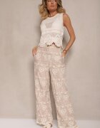 rosa Pantaloni Bej cu croială largă Talie înaltă cu broderie Issedi