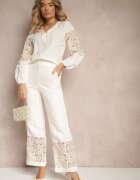 rosa Pantaloni Bej de Bumbac cu Croială Largă cu Broderie Fenelith