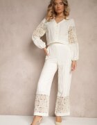 rosa Pantaloni Bej de Bumbac cu Croială Largă cu Broderie Fenelith