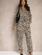 rosa Pantaloni Bej Largi leopard High Waist cu șnur și elastic în talie Dorirae