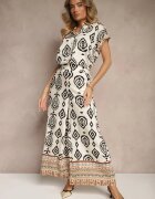rosa Pantaloni Bej-Negru din Vâscoză cu croială largă cu Model Geometric Zoledia