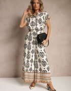 rosa Pantaloni Bej-Negru din Vâscoză cu croială largă cu Model Geometric Zoledia