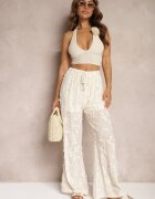 rosa Pantaloni bej Talie înaltă cu finisaj ajurat cu elastic în talie Gralefia