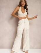 rosa Pantaloni bej Talie înaltă cu finisaj ajurat cu elastic în talie Gralefia