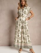 rosa Pantaloni Bej-Verde cu Viscoză cu Croială Largă cu Model Geometric Zoledia