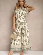 rosa Pantaloni Bej-Verde cu Viscoză cu Croială Largă cu Model Geometric Zoledia