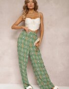 rosa Pantaloni din bumbac verde cu model abstract cu talie înaltă și elastic în talie Lilliah