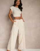rosa Pantaloni Drepti Bej din Bumbac cu Broderie și Decorațiuni Perforate Tolazia