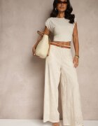 rosa Pantaloni Drepti Bej din Bumbac cu Broderie și Decorațiuni Perforate Tolazia