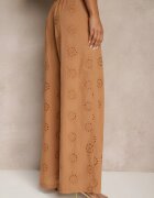 rosa Pantaloni drepți maro din bumbac cu broderie și decorațiuni ajurate Tolazia