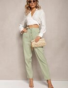 rosa Pantaloni Drepți Verde Deschis din Bumbac cu Elastic în Talie Xisela