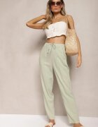 rosa Pantaloni Drepți Verde Deschis din Bumbac cu Elastic în Talie Xisela