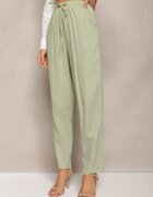 rosa Pantaloni Drepți Verde Deschis din Bumbac cu Elastic în Talie Xisela