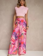 rosa Pantaloni Fucsia din Viscoză Largi High Waist cu model de frunze Ralimia