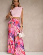 rosa Pantaloni Fucsia din Viscoză Largi High Waist cu model de frunze Ralimia