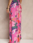 rosa Pantaloni Fucsia din Viscoză Largi High Waist cu model de frunze Ralimia