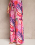 rosa Pantaloni Fucsia din Viscoză Largi High Waist cu model de frunze Ralimia